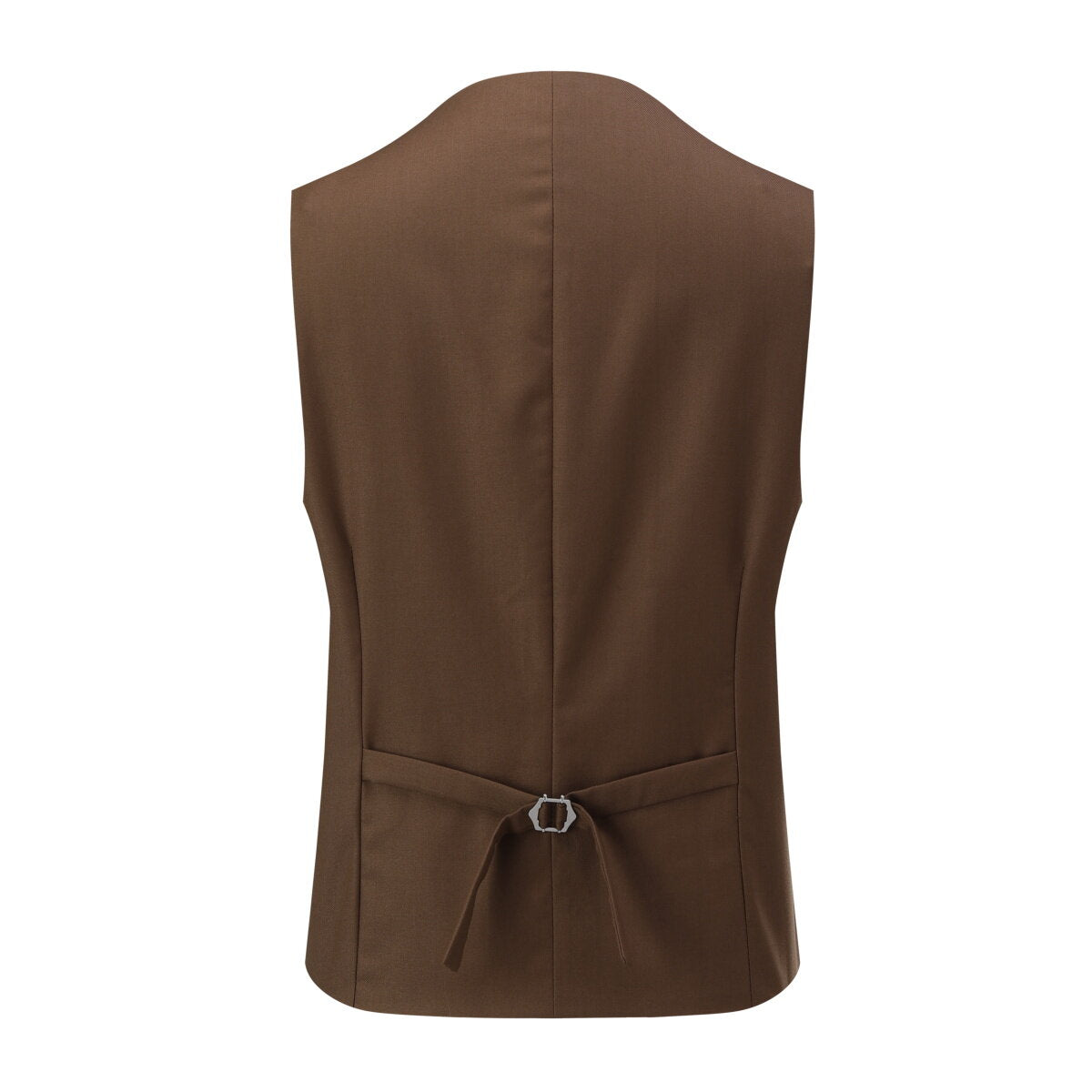 Dark Coffee # Men's 3-piece one-button formal suit with peaked lapel and slim fit, dark coffee solid blazer jacket with matching vest and flat-front trousers with extended waist strap, classic elegant business wear for office, wedding, prom and formal occasions, isolated on white background.