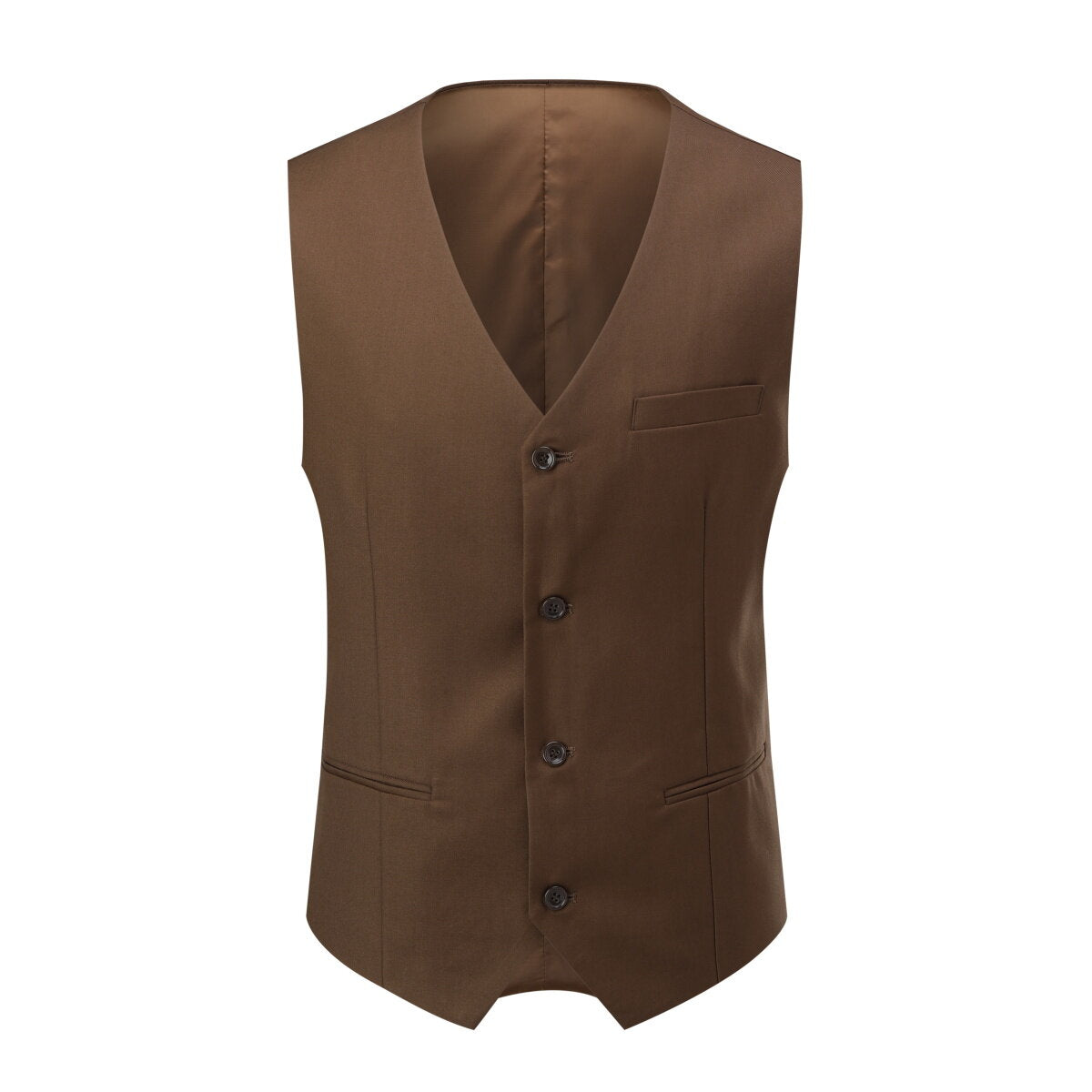 Dark Coffee # Men's 3-piece one-button formal suit with peaked lapel and slim fit, dark coffee solid blazer jacket with matching vest and flat-front trousers with extended waist strap, classic elegant business wear for office, wedding, prom and formal occasions, isolated on white background.