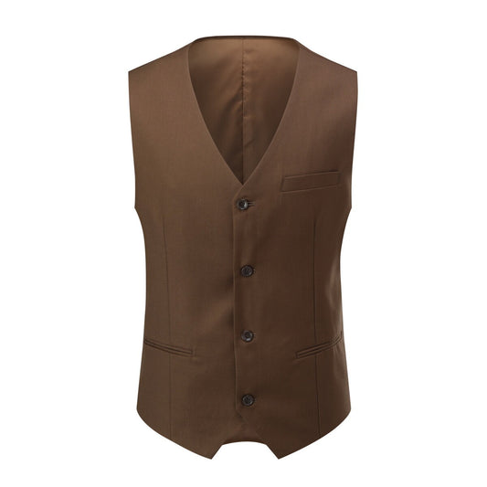 Dark Coffee # Men's 3-piece one-button formal suit with peaked lapel and slim fit, dark coffee solid blazer jacket with matching vest and flat-front trousers with extended waist strap, classic elegant business wear for office, wedding, prom and formal occasions, isolated on white background.