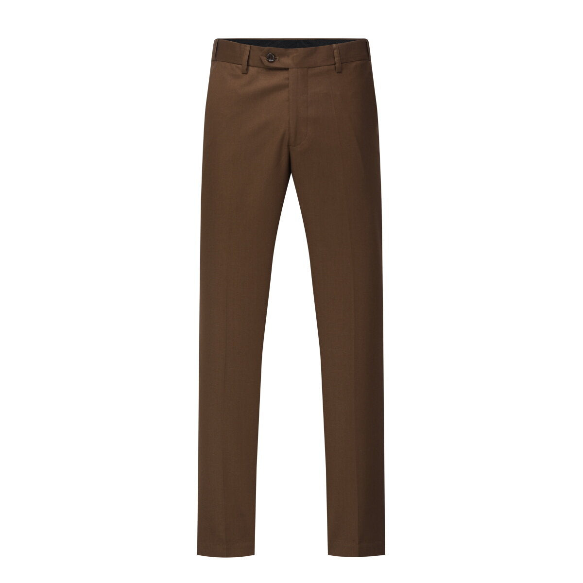 Dark Coffee # Men's 3-piece one-button formal suit with peaked lapel and slim fit, dark coffee solid blazer jacket with matching vest and flat-front trousers with extended waist strap, classic elegant business wear for office, wedding, prom and formal occasions, isolated on white background.