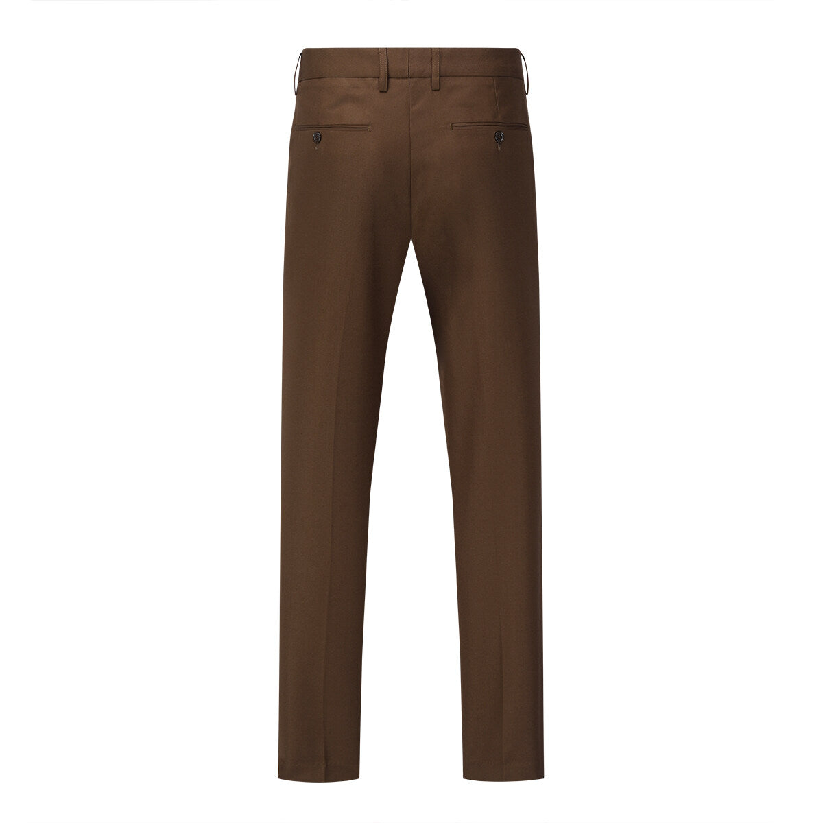 Dark Coffee # Men's 3-piece one-button formal suit with peaked lapel and slim fit, dark coffee solid blazer jacket with matching vest and flat-front trousers with extended waist strap, classic elegant business wear for office, wedding, prom and formal occasions, isolated on white background.