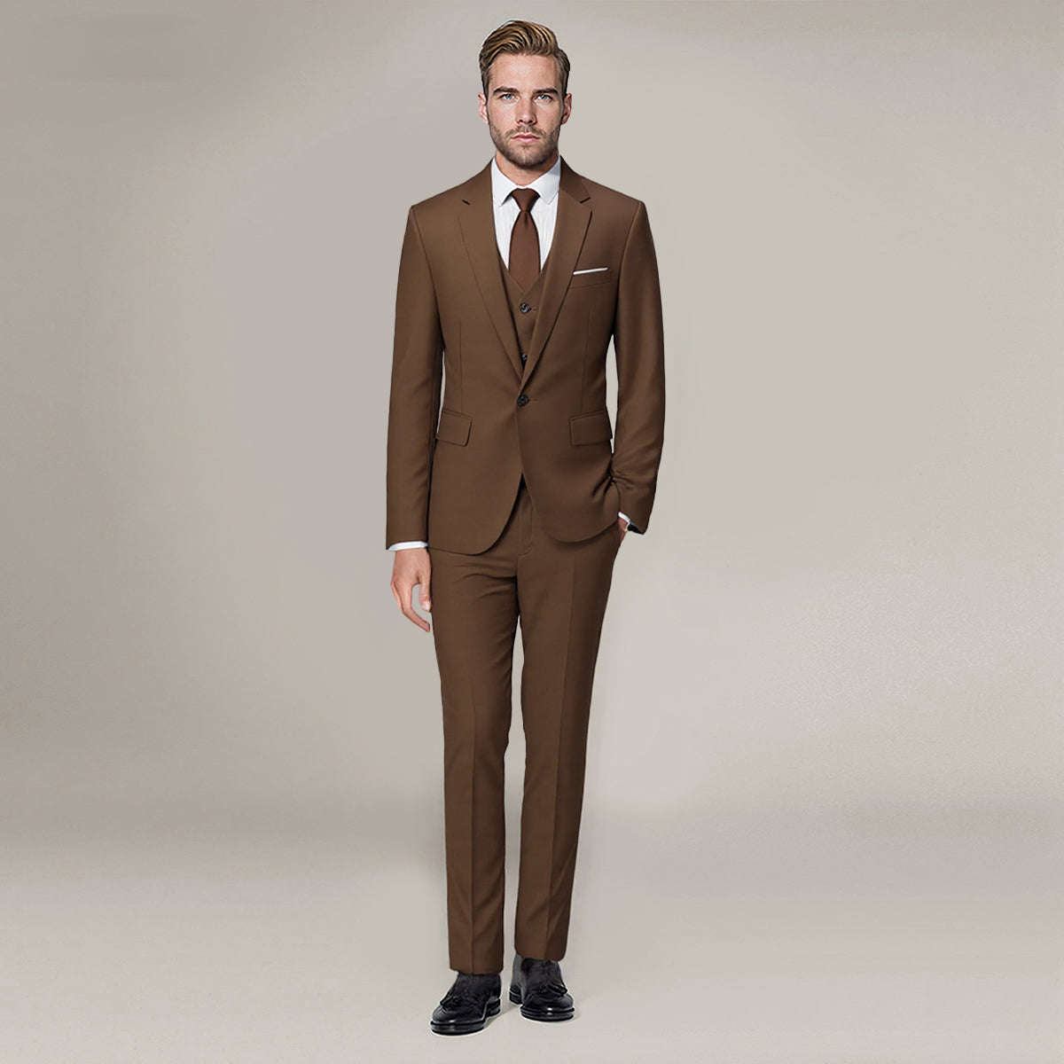 Dark Coffee # Men's 3-piece one-button formal suit with peaked lapel and slim fit, dark coffee solid blazer jacket with matching vest and flat-front trousers with extended waist strap, classic elegant business wear for office, wedding, prom and formal occasions, isolated on white background.
