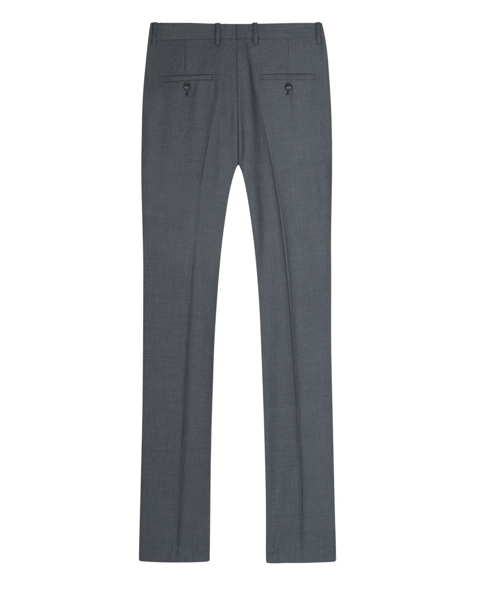 Dimgrey # Men's slim fit 3-piece classic suit with one-button peaked lapel and button closure, dark grey formal blazer jacket with matching vest and flat-front trousers with extended waist strap and slanted side pockets, elegant polyester viscose blend suit for business, wedding, office and daily wear, isolated on white background.