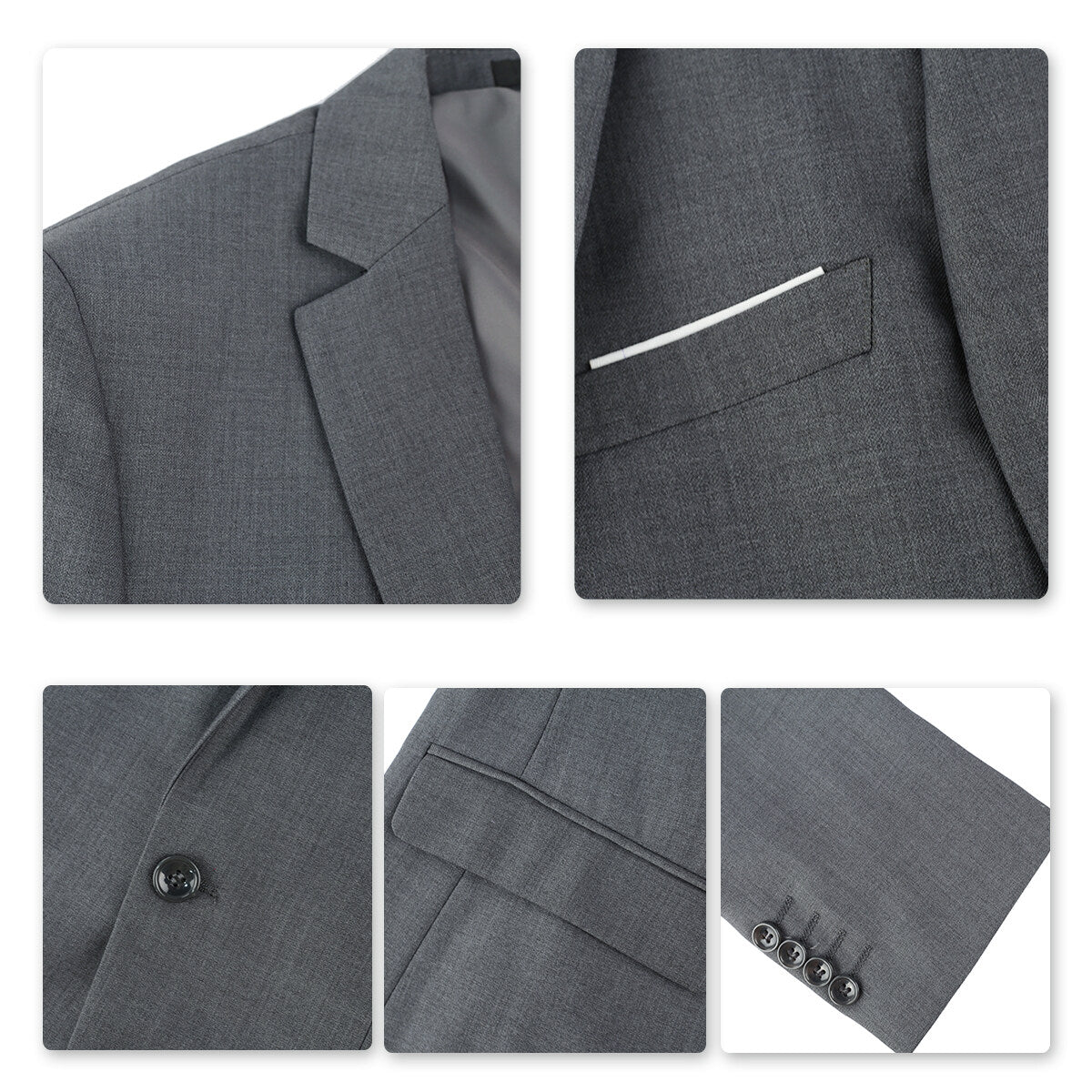 Dimgrey # Men's slim fit 3-piece classic suit with one-button peaked lapel and button closure, dark grey formal blazer jacket with matching vest and flat-front trousers with extended waist strap and slanted side pockets, elegant polyester viscose blend suit for business, wedding, office and daily wear, isolated on white background.