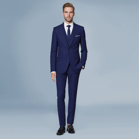 Navy # Men's slim fit 3-piece classic suit with one-button peaked lapel and button closure, navy formal blazer jacket with matching vest and flat-front trousers with extended waist strap and slanted side pockets, elegant polyester viscose blend suit for business, wedding, office and daily wear, isolated on white background.