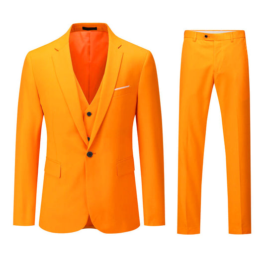 Orange # Men's 3-piece one-button formal suit with slim fit and single-breasted closure, solid orange blazer jacket with matching vest and flat-front trousers for wedding, business, prom and special occasions, isolated on white background.
