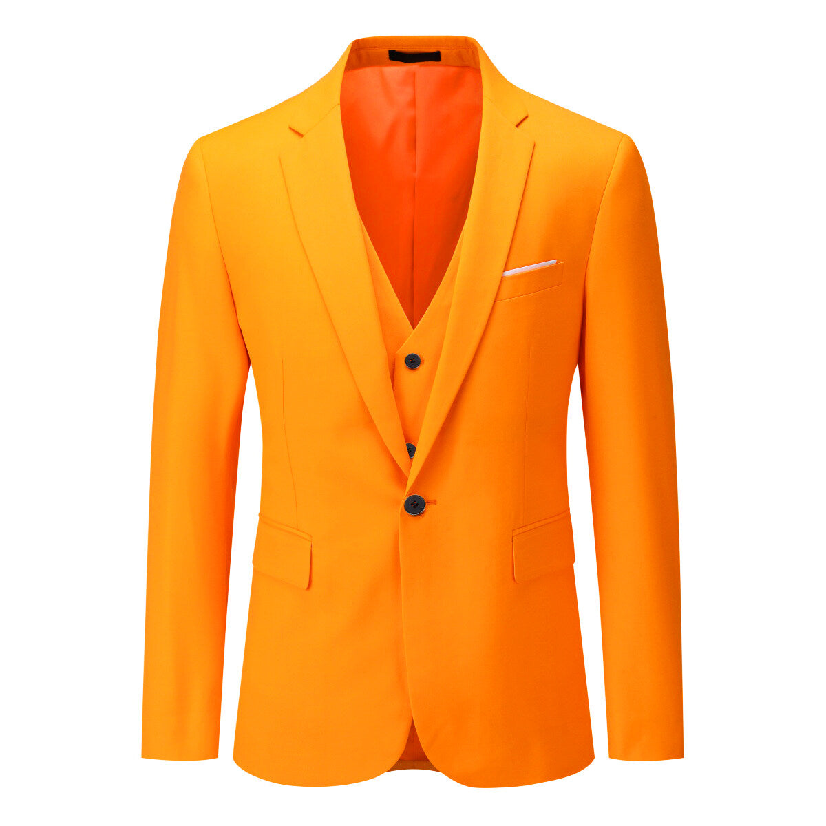 Orange # Men's 3-piece one-button formal suit with slim fit and single-breasted closure, solid orange blazer jacket with matching vest and flat-front trousers for wedding, business, prom and special occasions, isolated on white background.