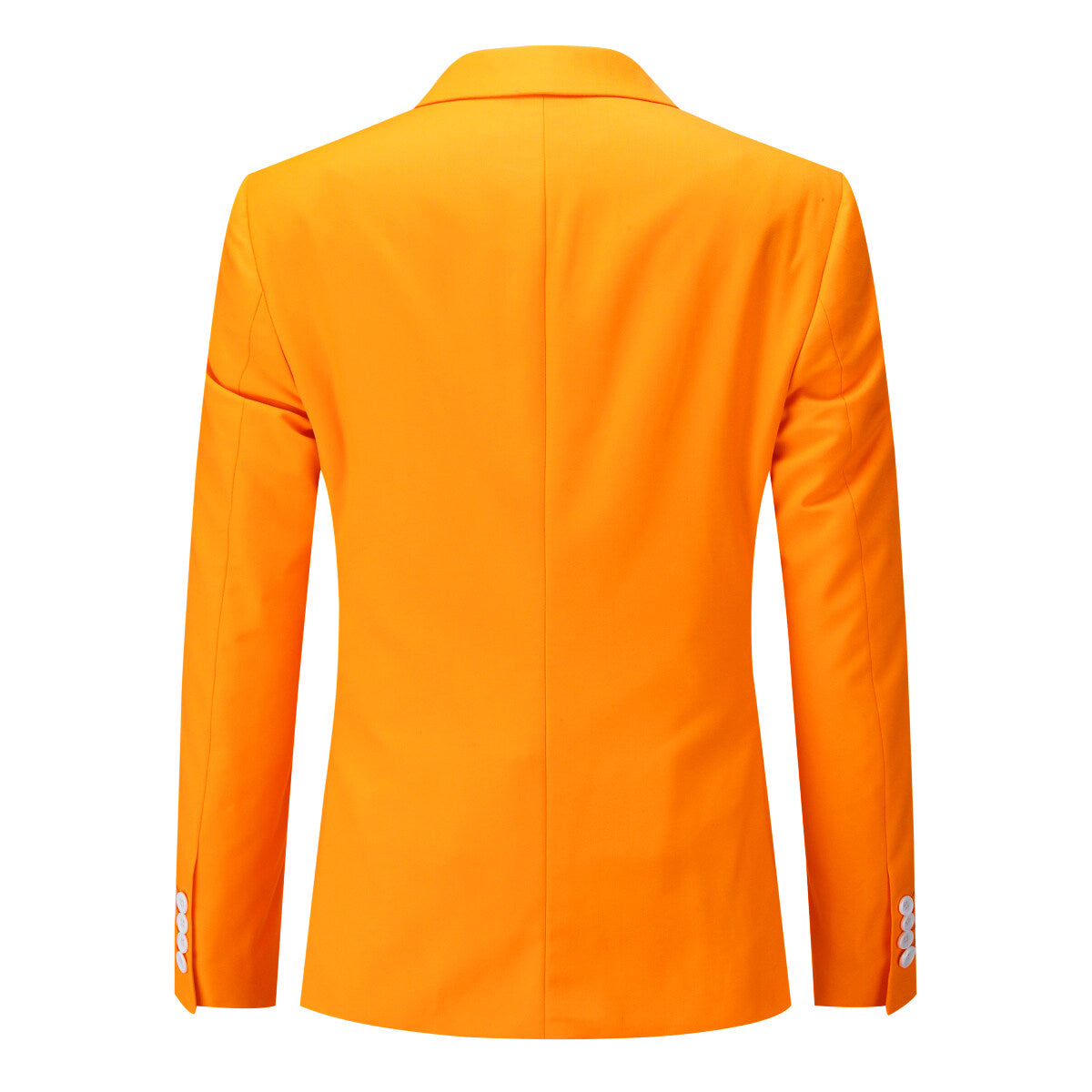 Orange # Men's 3-piece one-button formal suit with slim fit and single-breasted closure, solid orange blazer jacket with matching vest and flat-front trousers for wedding, business, prom and special occasions, isolated on white background.