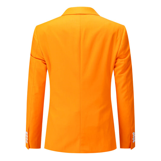 Orange # Men's 3-piece one-button formal suit with slim fit and single-breasted closure, solid orange blazer jacket with matching vest and flat-front trousers for wedding, business, prom and special occasions, isolated on white background.