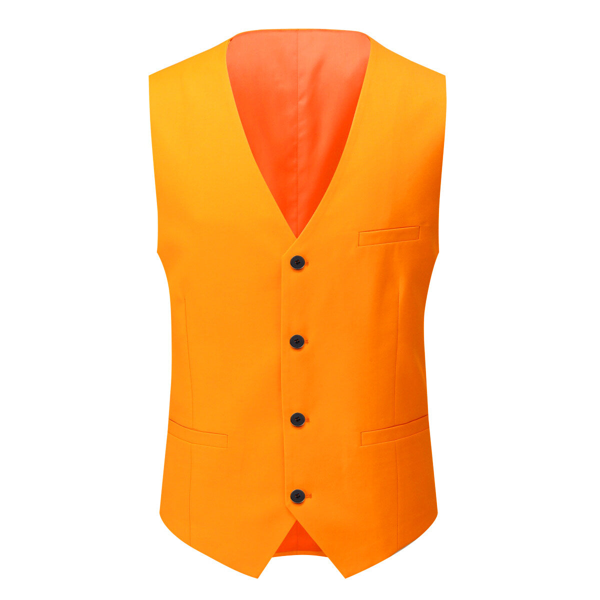 Orange # Men's 3-piece one-button formal suit with slim fit and single-breasted closure, solid orange blazer jacket with matching vest and flat-front trousers for wedding, business, prom and special occasions, isolated on white background.