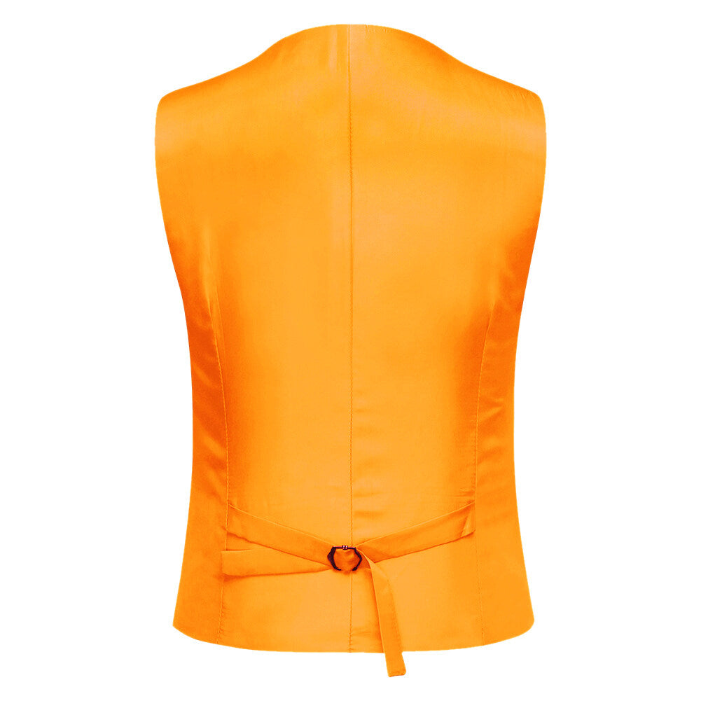 Orange # Men's 3-piece one-button formal suit with slim fit and single-breasted closure, solid orange blazer jacket with matching vest and flat-front trousers for wedding, business, prom and special occasions, isolated on white background.