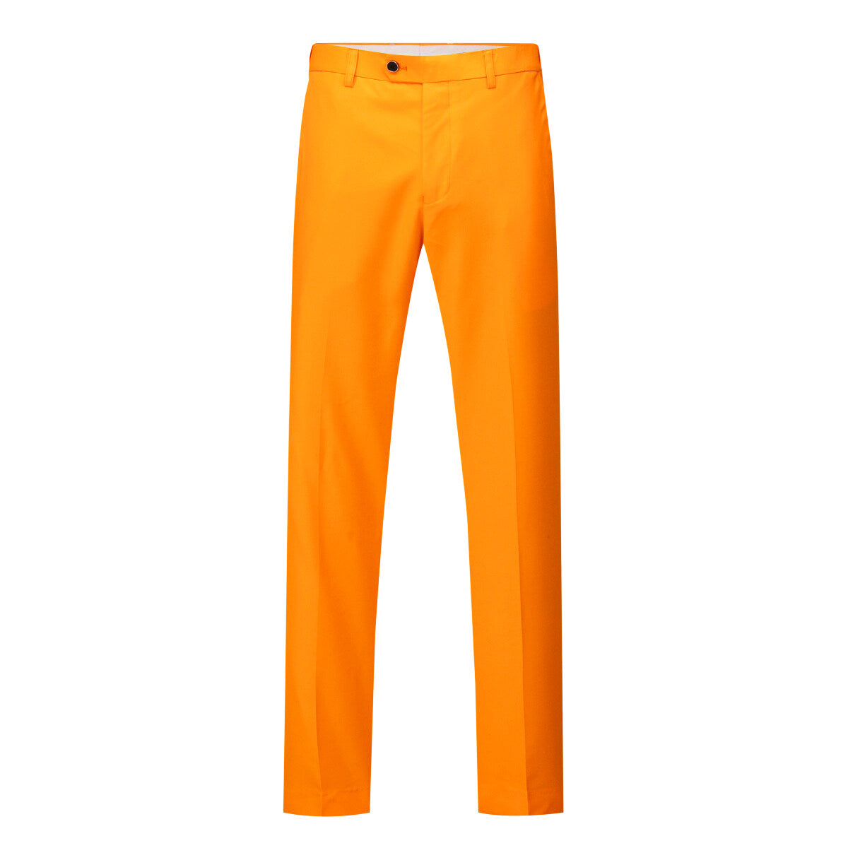 Orange # Men's 3-piece one-button formal suit with slim fit and single-breasted closure, solid orange blazer jacket with matching vest and flat-front trousers for wedding, business, prom and special occasions, isolated on white background.