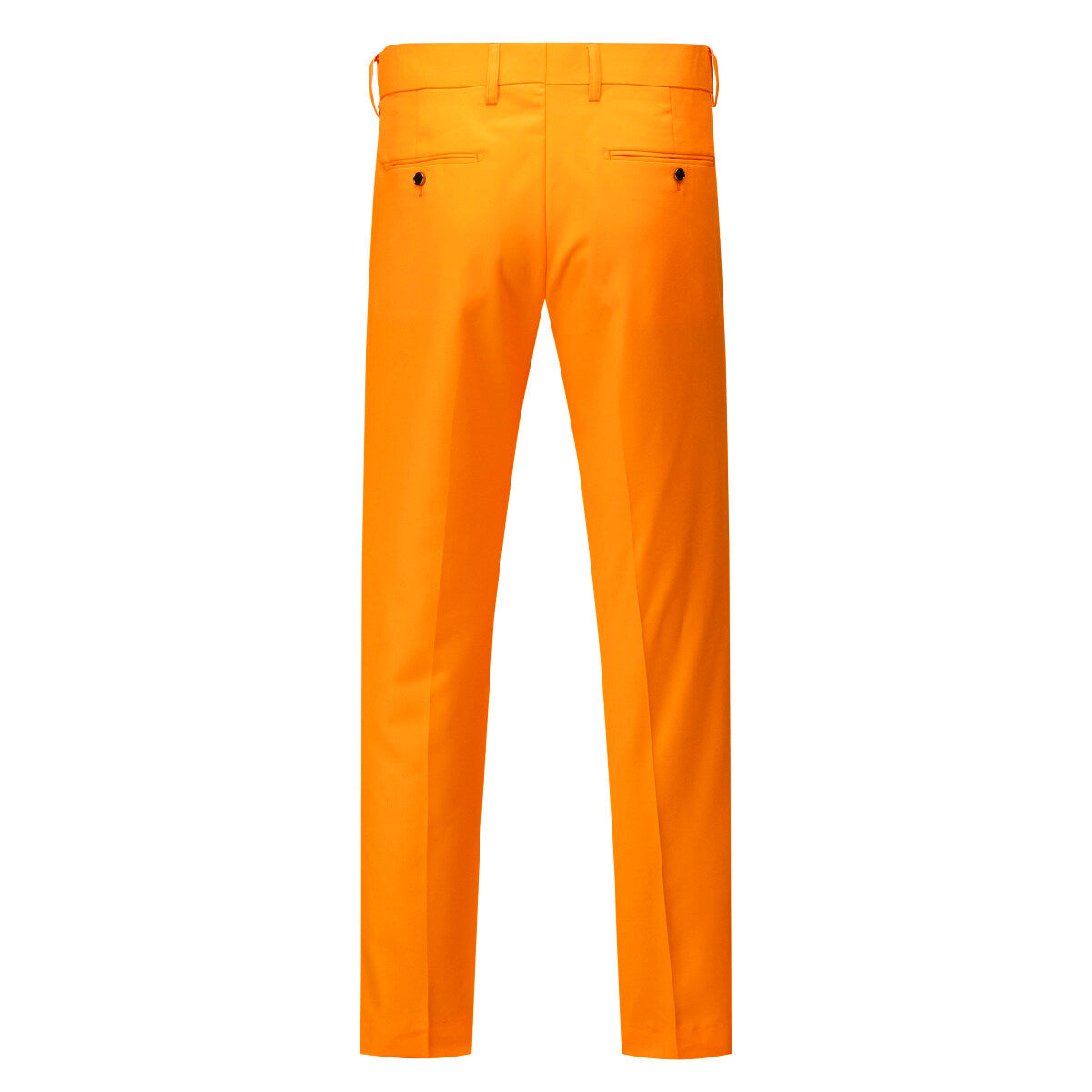 Orange # Men's 3-piece one-button formal suit with slim fit and single-breasted closure, solid orange blazer jacket with matching vest and flat-front trousers for wedding, business, prom and special occasions, isolated on white background.
