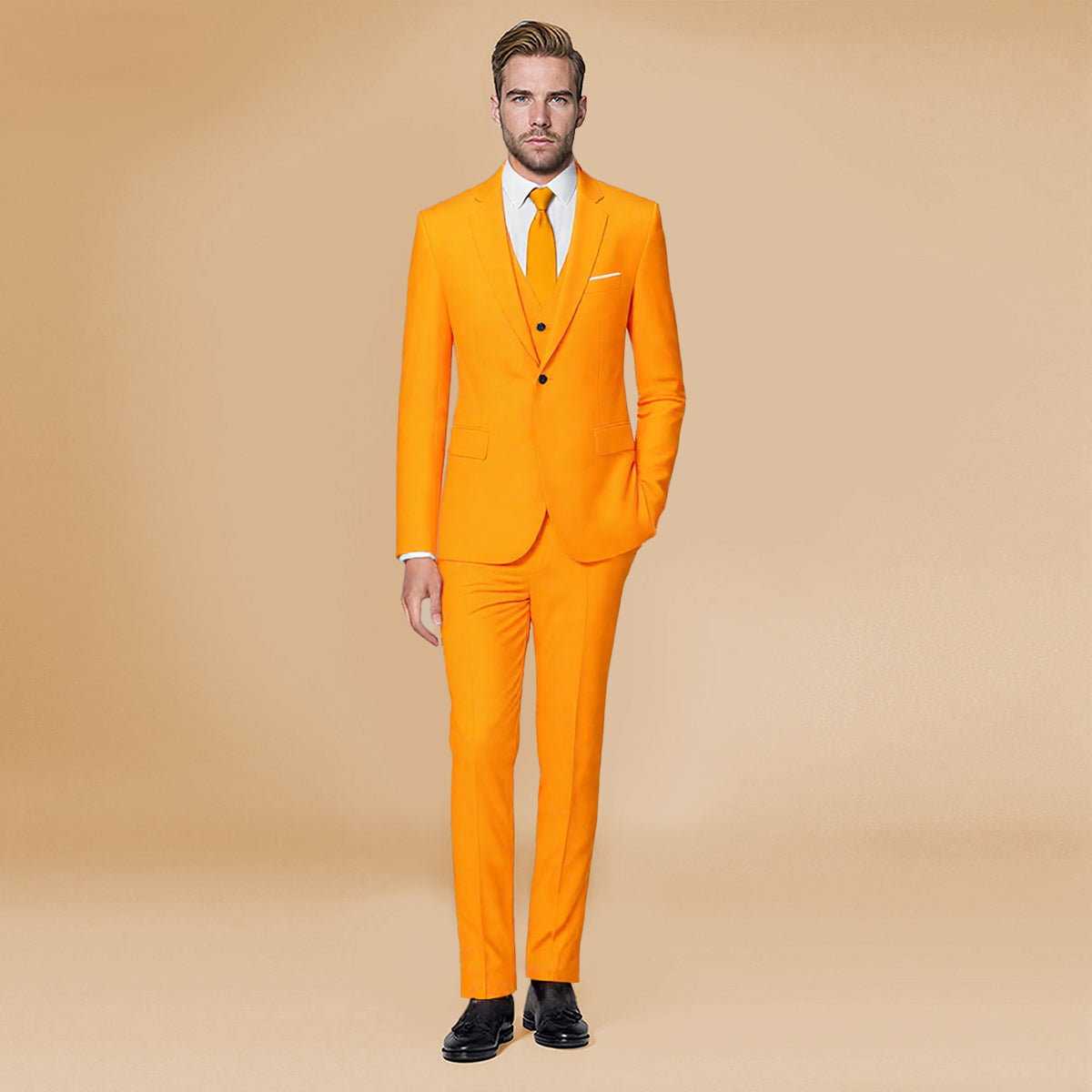 Orange # Men's 3-piece one-button formal suit with slim fit and single-breasted closure, solid orange blazer jacket with matching vest and flat-front trousers for wedding, business, prom and special occasions, isolated on white background.