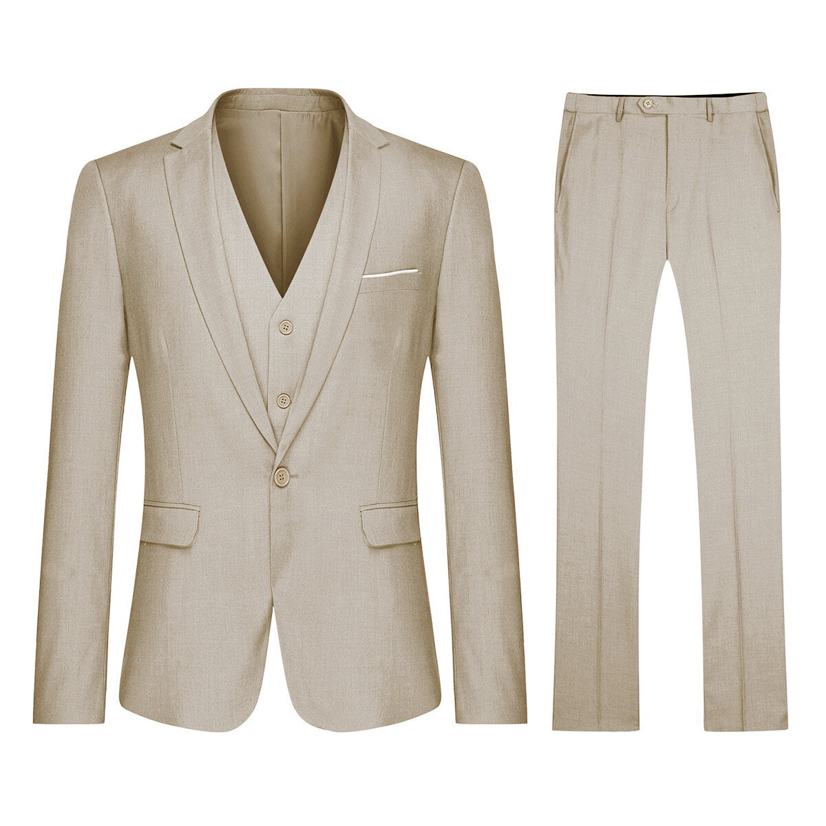 Beige # Men's 3-piece one-button slim fit formal suit with peaked lapel and button closure, beige classic blazer jacket with matching vest and flat-front trousers with extended waist strap, elegant polyester suit for wedding, business and formal occasions, isolated on white background.
