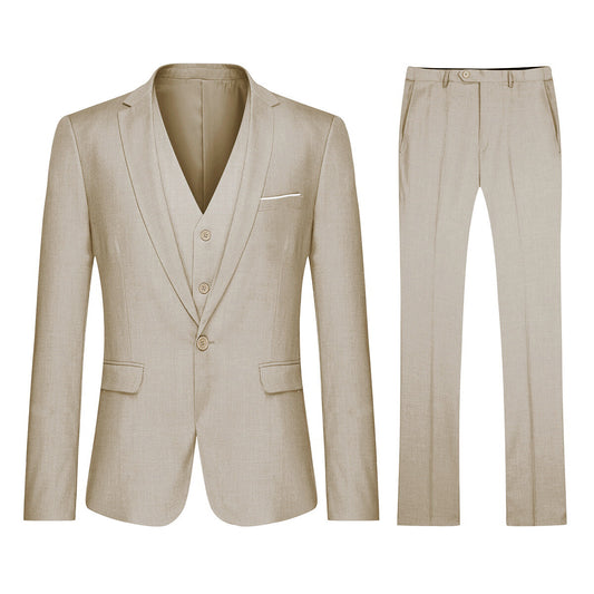 Beige # Men's 3-piece one-button slim fit formal suit with peaked lapel and button closure, beige classic blazer jacket with matching vest and flat-front trousers with extended waist strap, elegant polyester suit for wedding, business and formal occasions, isolated on white background.