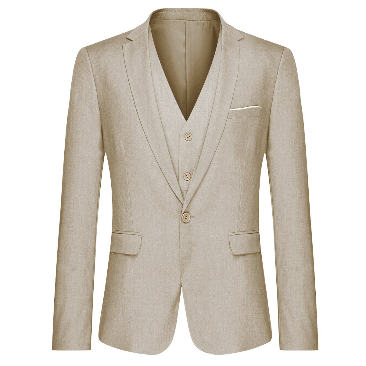 Beige # Men's 3-piece one-button slim fit formal suit with peaked lapel and button closure, beige classic blazer jacket with matching vest and flat-front trousers with extended waist strap, elegant polyester suit for wedding, business and formal occasions, isolated on white background.