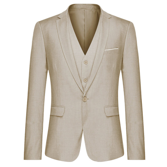Beige # Men's 3-piece one-button slim fit formal suit with peaked lapel and button closure, beige classic blazer jacket with matching vest and flat-front trousers with extended waist strap, elegant polyester suit for wedding, business and formal occasions, isolated on white background.