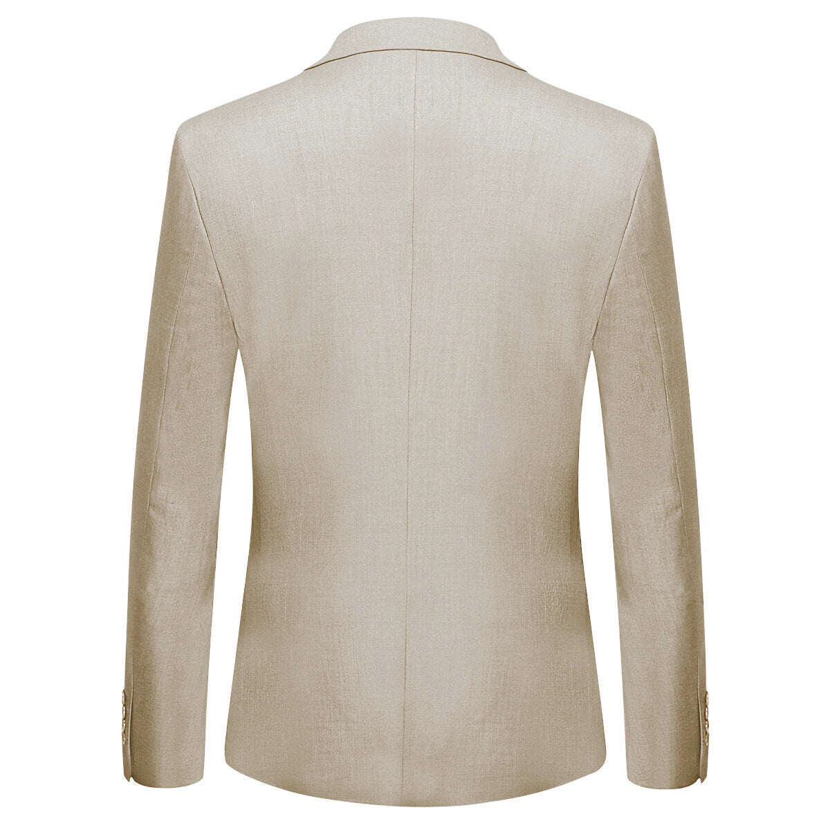 Beige # Men's 3-piece one-button slim fit formal suit with peaked lapel and button closure, beige classic blazer jacket with matching vest and flat-front trousers with extended waist strap, elegant polyester suit for wedding, business and formal occasions, isolated on white background.