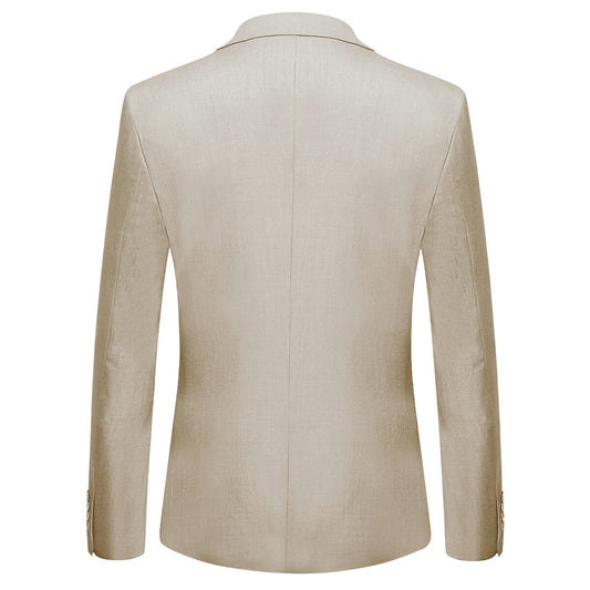 Beige # Men's 3-piece one-button slim fit formal suit with peaked lapel and button closure, beige classic blazer jacket with matching vest and flat-front trousers with extended waist strap, elegant polyester suit for wedding, business and formal occasions, isolated on white background.
