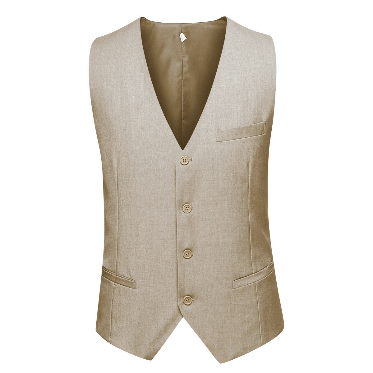 Beige # Men's 3-piece one-button slim fit formal suit with peaked lapel and button closure, beige classic blazer jacket with matching vest and flat-front trousers with extended waist strap, elegant polyester suit for wedding, business and formal occasions, isolated on white background.