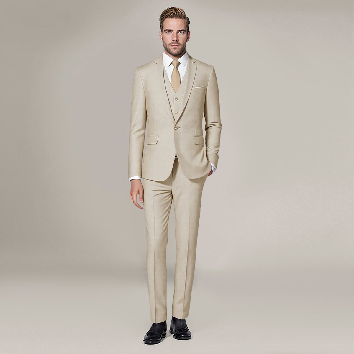 3-Piece One Button Formal Suit Beige Suit-Cloudstyle M