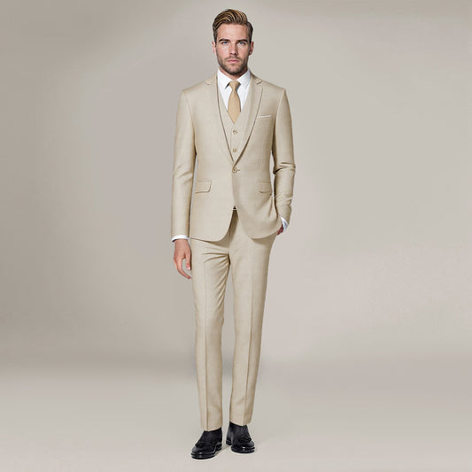 Beige # Men's 3-piece one-button slim fit formal suit with peaked lapel and button closure, beige classic blazer jacket with matching vest and flat-front trousers with extended waist strap, elegant polyester suit for wedding, business and formal occasions, isolated on white background.