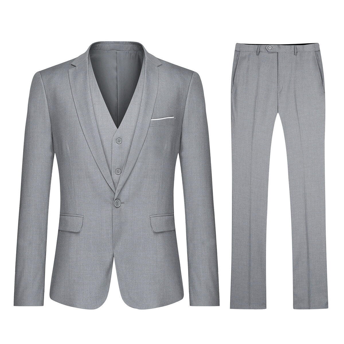 Light Grey # Men's 3-piece one-button slim fit formal suit with peaked lapel and button closure, light grey classic blazer jacket with matching vest and flat-front trousers with extended waist strap, elegant polyester suit for business, wedding, office and formal occasions, isolated on white background.