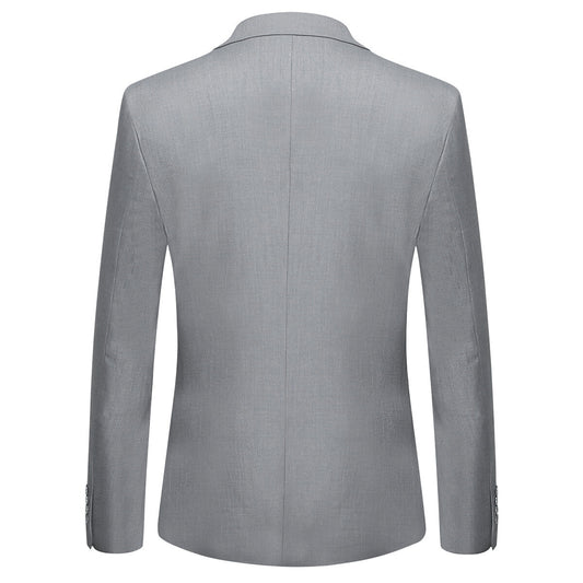 Light Grey # Men's 3-piece one-button slim fit formal suit with peaked lapel and button closure, light grey classic blazer jacket with matching vest and flat-front trousers with extended waist strap, elegant polyester suit for business, wedding, office and formal occasions, isolated on white background.