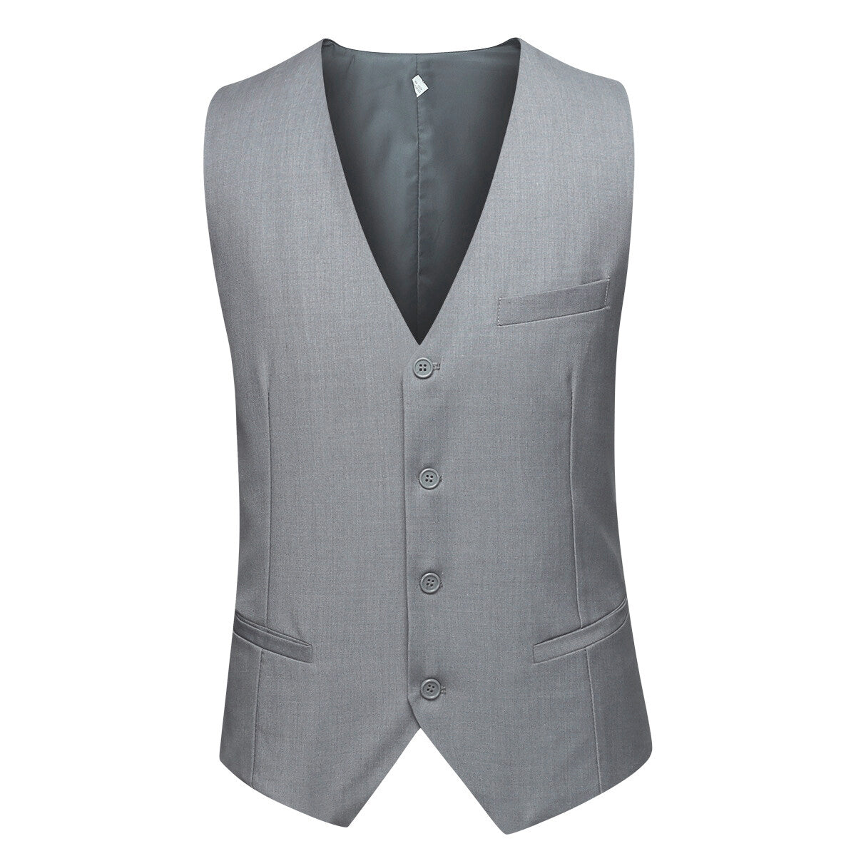 Light Grey # Men's 3-piece one-button slim fit formal suit with peaked lapel and button closure, light grey classic blazer jacket with matching vest and flat-front trousers with extended waist strap, elegant polyester suit for business, wedding, office and formal occasions, isolated on white background.
