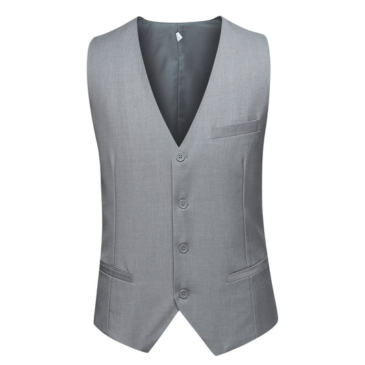 Light Grey # Men's 3-piece one-button slim fit formal suit with peaked lapel and button closure, light grey classic blazer jacket with matching vest and flat-front trousers with extended waist strap, elegant polyester suit for business, wedding, office and formal occasions, isolated on white background.