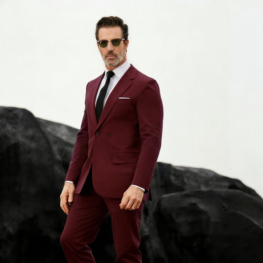 Red # Men's slim fit 3-piece one-button formal suit with peaked lapel and button closure, red classic blazer jacket with matching vest and flat-front trousers with extended waist strap, elegant polyester suit for wedding, business, prom and formal occasions, isolated on white background.