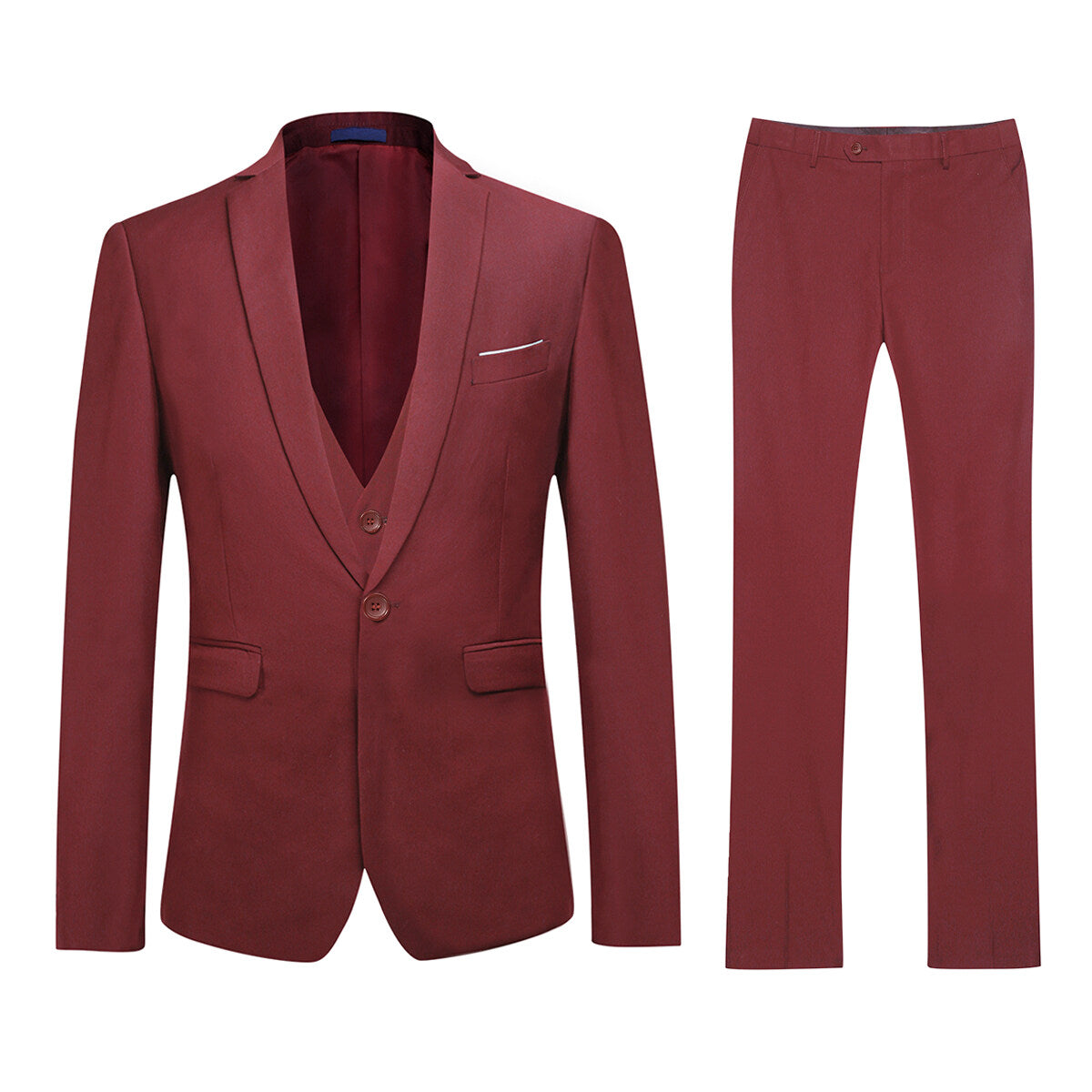 Red # Men's slim fit 3-piece one-button formal suit with peaked lapel and button closure, red classic blazer jacket with matching vest and flat-front trousers with extended waist strap, elegant polyester suit for wedding, business, prom and formal occasions, isolated on white background.
