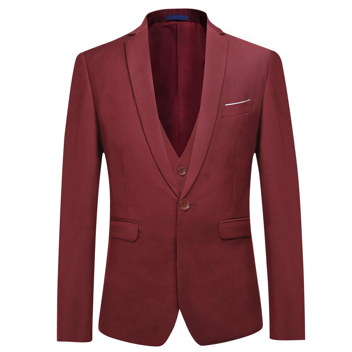 Red # Men's slim fit 3-piece one-button formal suit with peaked lapel and button closure, red classic blazer jacket with matching vest and flat-front trousers with extended waist strap, elegant polyester suit for wedding, business, prom and formal occasions, isolated on white background.