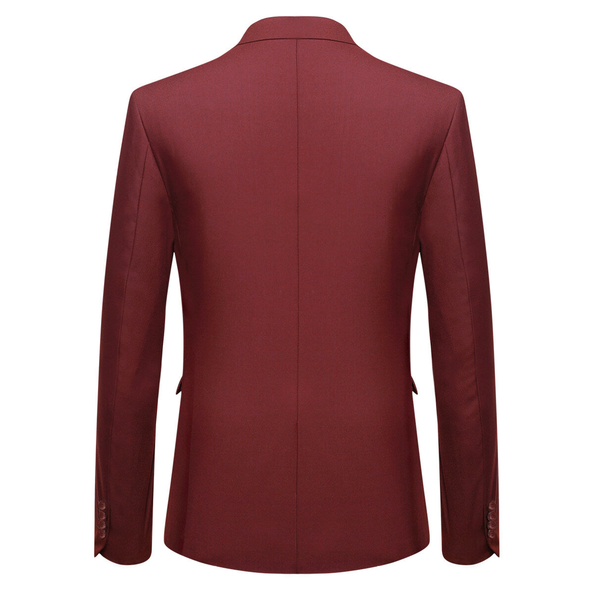 Red # Men's slim fit 3-piece one-button formal suit with peaked lapel and button closure, red classic blazer jacket with matching vest and flat-front trousers with extended waist strap, elegant polyester suit for wedding, business, prom and formal occasions, isolated on white background.