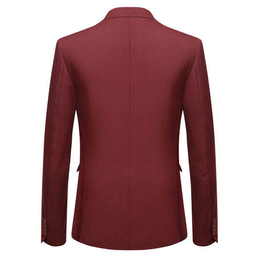 Red # Men's slim fit 3-piece one-button formal suit with peaked lapel and button closure, red classic blazer jacket with matching vest and flat-front trousers with extended waist strap, elegant polyester suit for wedding, business, prom and formal occasions, isolated on white background.