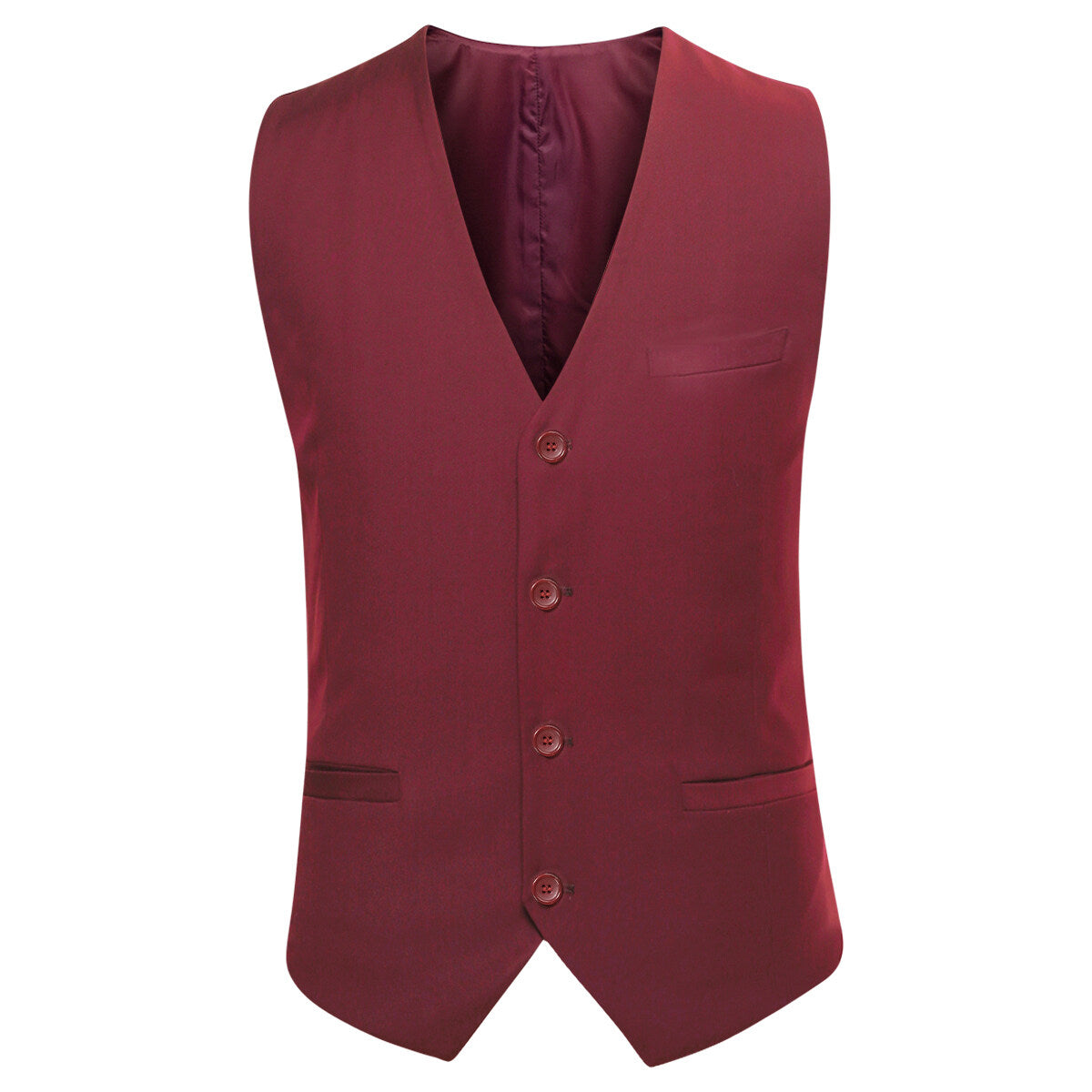 Red # Men's slim fit 3-piece one-button formal suit with peaked lapel and button closure, red classic blazer jacket with matching vest and flat-front trousers with extended waist strap, elegant polyester suit for wedding, business, prom and formal occasions, isolated on white background.