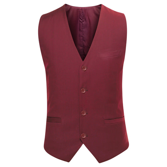 Red # Men's slim fit 3-piece one-button formal suit with peaked lapel and button closure, red classic blazer jacket with matching vest and flat-front trousers with extended waist strap, elegant polyester suit for wedding, business, prom and formal occasions, isolated on white background.