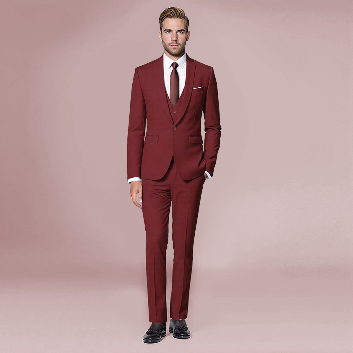 Red # Men's slim fit 3-piece one-button formal suit with peaked lapel and button closure, red classic blazer jacket with matching vest and flat-front trousers with extended waist strap, elegant polyester suit for wedding, business, prom and formal occasions, isolated on white background.