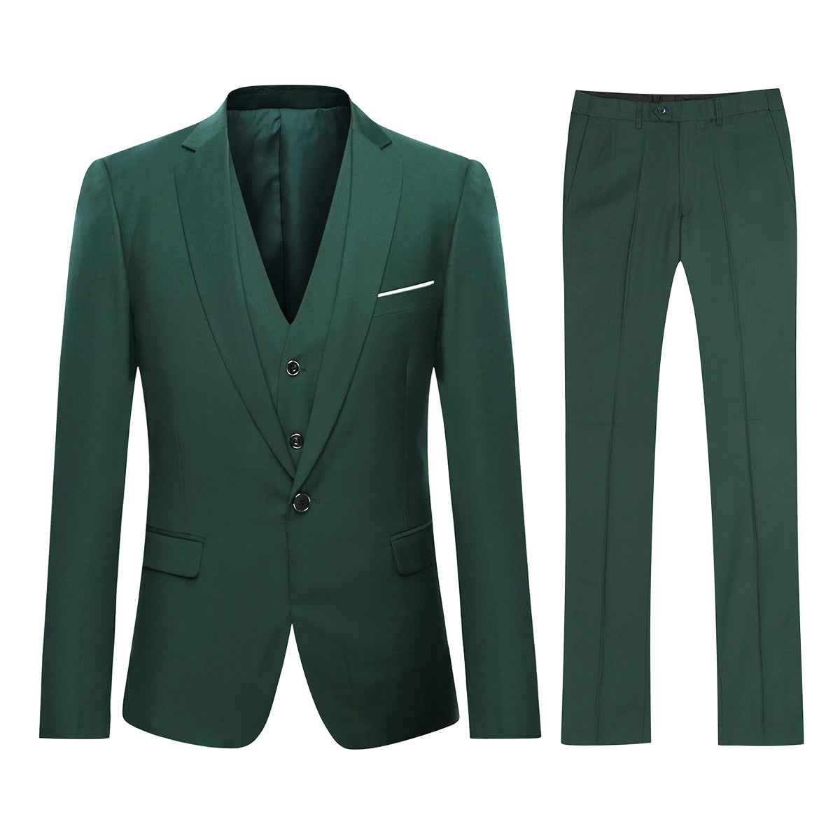 Dark Cyan # Men's slim fit 3-piece suit with one-button peaked lapel and button closure, dark cyan formal blazer jacket with matching vest and flat-front trousers with extended waist strap and slanted side pockets, classic modern polyester suit for business, wedding, office and daily wear, isolated on white background.