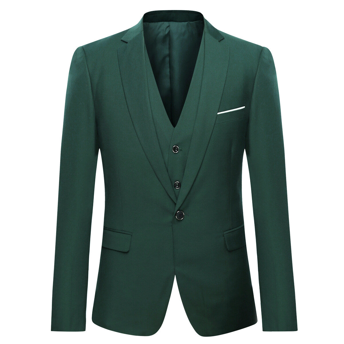 Dark Cyan # Men's slim fit 3-piece suit with one-button peaked lapel and button closure, dark cyan formal blazer jacket with matching vest and flat-front trousers with extended waist strap and slanted side pockets, classic modern polyester suit for business, wedding, office and daily wear, isolated on white background.