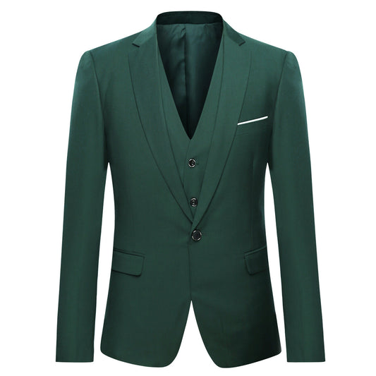 Dark Cyan # Men's slim fit 3-piece suit with one-button peaked lapel and button closure, dark cyan formal blazer jacket with matching vest and flat-front trousers with extended waist strap and slanted side pockets, classic modern polyester suit for business, wedding, office and daily wear, isolated on white background.