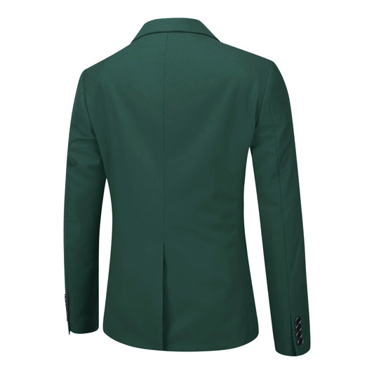Dark Cyan # Men's slim fit 3-piece suit with one-button peaked lapel and button closure, dark cyan formal blazer jacket with matching vest and flat-front trousers with extended waist strap and slanted side pockets, classic modern polyester suit for business, wedding, office and daily wear, isolated on white background.