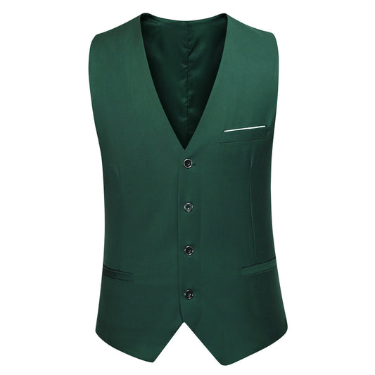 Dark Cyan # Men's slim fit 3-piece suit with one-button peaked lapel and button closure, dark cyan formal blazer jacket with matching vest and flat-front trousers with extended waist strap and slanted side pockets, classic modern polyester suit for business, wedding, office and daily wear, isolated on white background.