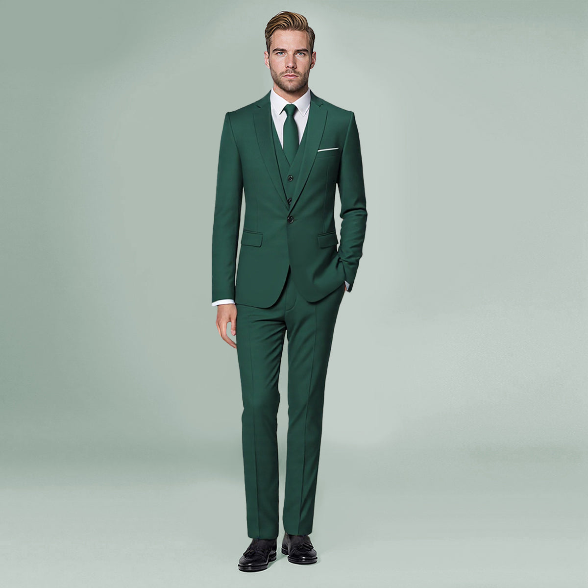 Dark Cyan # Men's slim fit 3-piece suit with one-button peaked lapel and button closure, dark cyan formal blazer jacket with matching vest and flat-front trousers with extended waist strap and slanted side pockets, classic modern polyester suit for business, wedding, office and daily wear, isolated on white background.
