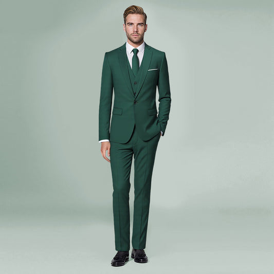 Dark Cyan # Men's slim fit 3-piece suit with one-button peaked lapel and button closure, dark cyan formal blazer jacket with matching vest and flat-front trousers with extended waist strap and slanted side pockets, classic modern polyester suit for business, wedding, office and daily wear, isolated on white background.