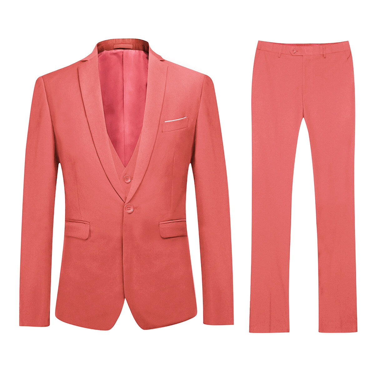 Rose Red # Men's slim fit 3-piece one-button fashion suit with peaked lapel and button closure, rose red formal blazer jacket with matching vest and flat-front trousers with extended waist strap and slanted side pockets, elegant polyester suit for business, wedding, prom and daily wear, isolated on white background.