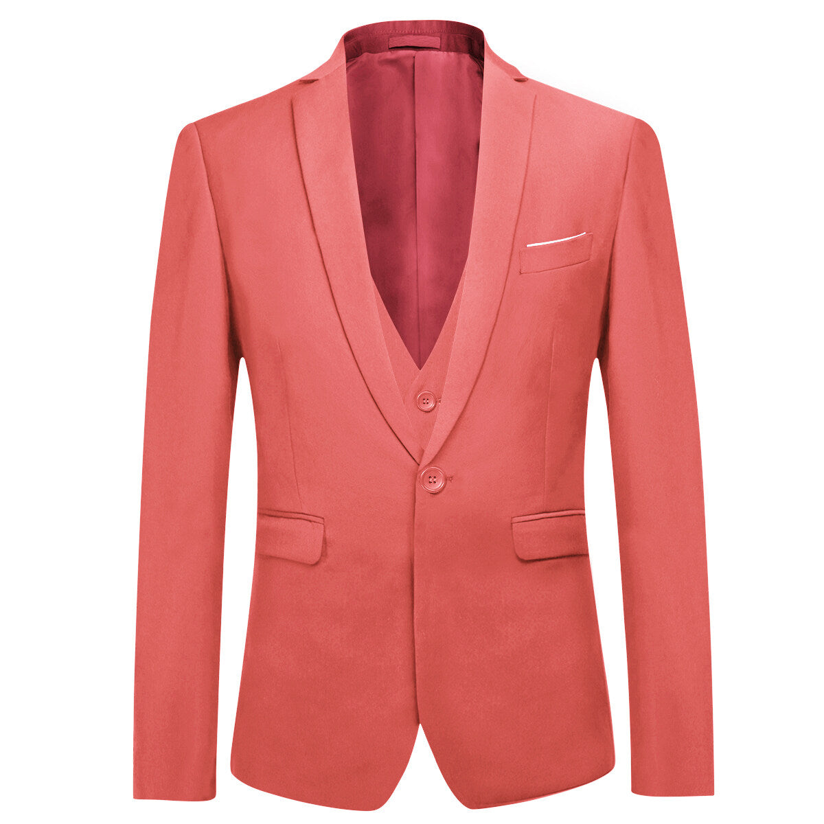Rose Red # Men's slim fit 3-piece one-button fashion suit with peaked lapel and button closure, rose red formal blazer jacket with matching vest and flat-front trousers with extended waist strap and slanted side pockets, elegant polyester suit for business, wedding, prom and daily wear, isolated on white background.