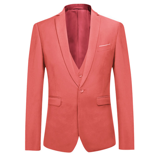 Rose Red # Men's slim fit 3-piece one-button fashion suit with peaked lapel and button closure, rose red formal blazer jacket with matching vest and flat-front trousers with extended waist strap and slanted side pockets, elegant polyester suit for business, wedding, prom and daily wear, isolated on white background.