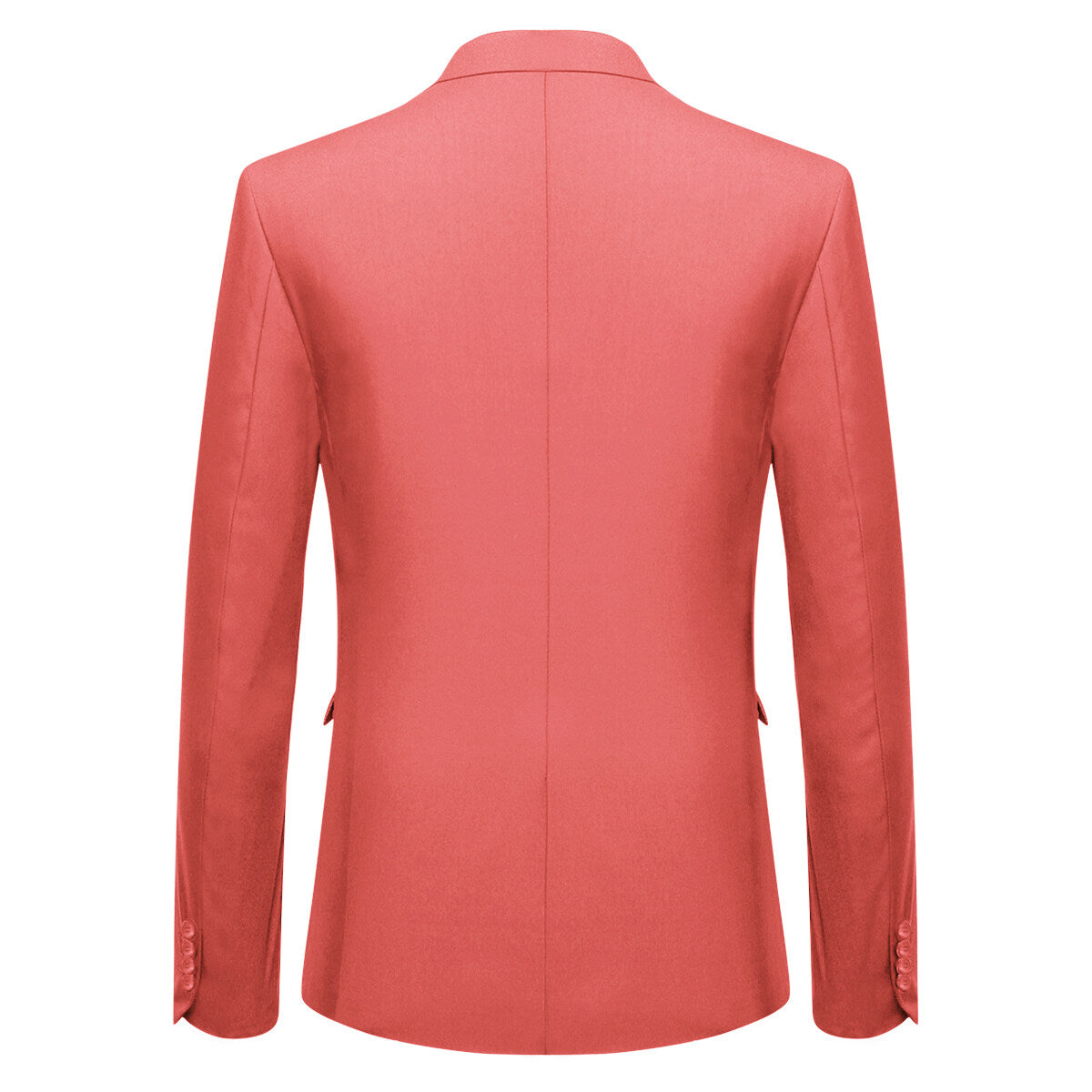Rose Red # Men's slim fit 3-piece one-button fashion suit with peaked lapel and button closure, rose red formal blazer jacket with matching vest and flat-front trousers with extended waist strap and slanted side pockets, elegant polyester suit for business, wedding, prom and daily wear, isolated on white background.